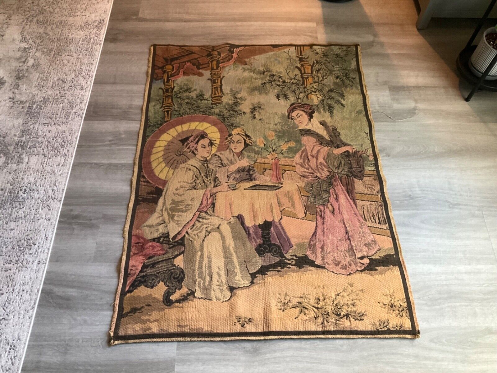 Vintage Oriental Chinese Asian Woven Wall Tapestry Geisha Women 48.5 x 35.5