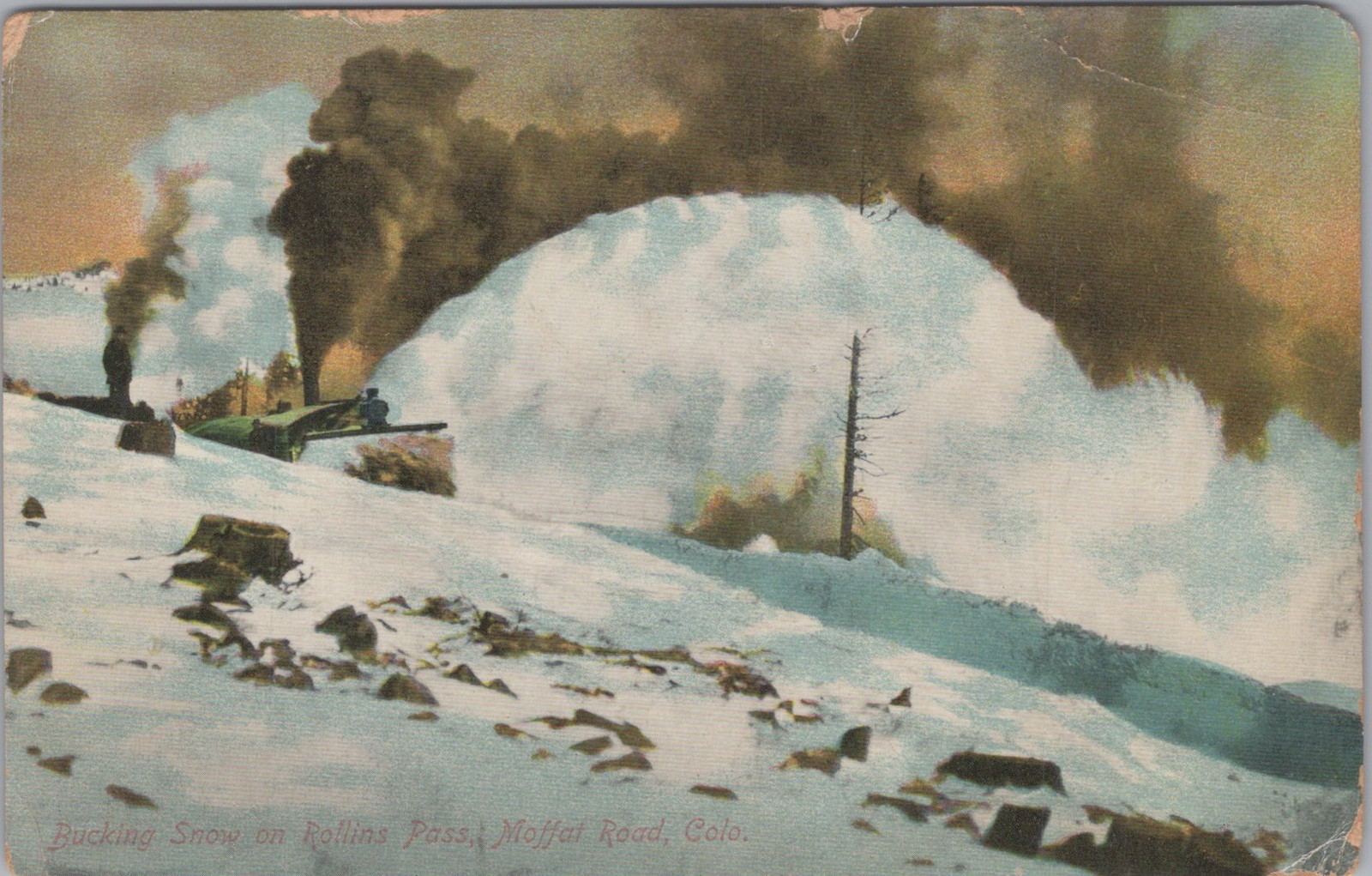 Bucking Snow Rotary Snowplow Moffat Road Rollins Pass Colorado CO 1912 Postcard