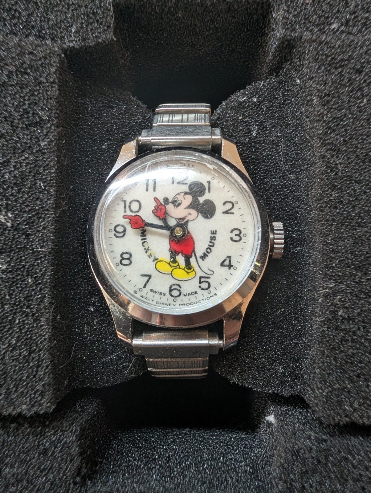 Vintage 70s Bradley Mickey Mouse Wind Up Watch Swiss Mechanical Stretch Band
