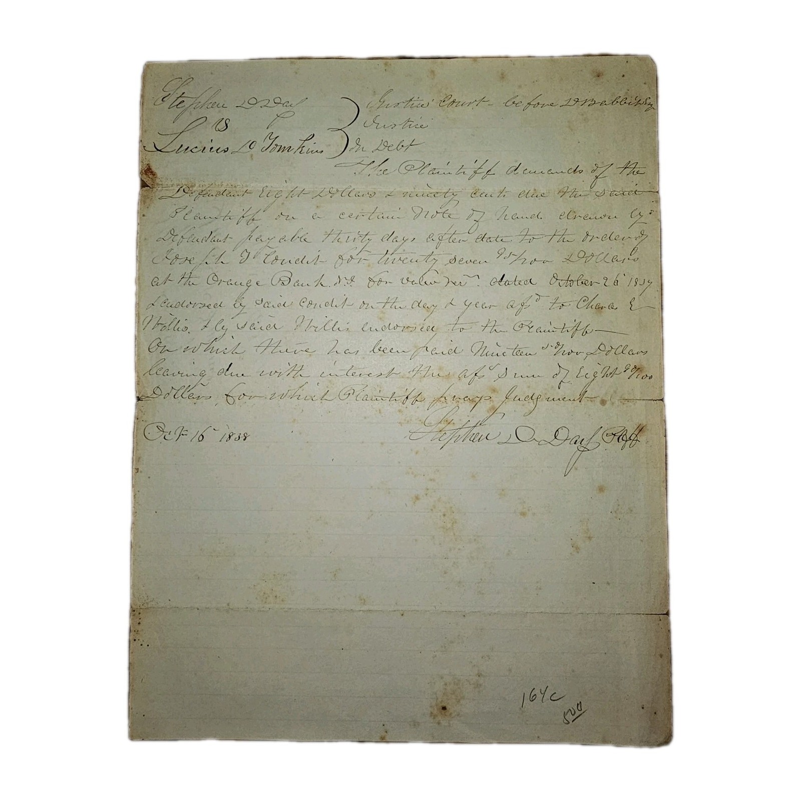 1838 NJ Justice Court Doc Hiram E. Condit Promissory Note Case Stephen O'day