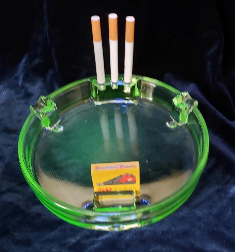 Vintage Uranium Glass Ashtray Matchbook & Cigarette Holder