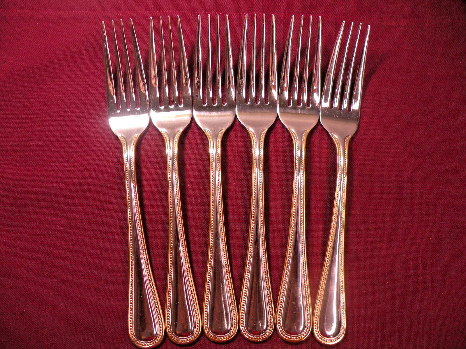 Set Of 6 Dinner Forks Wallace Gold Royal Bead Stainless Steel Flatware 7 3/4\