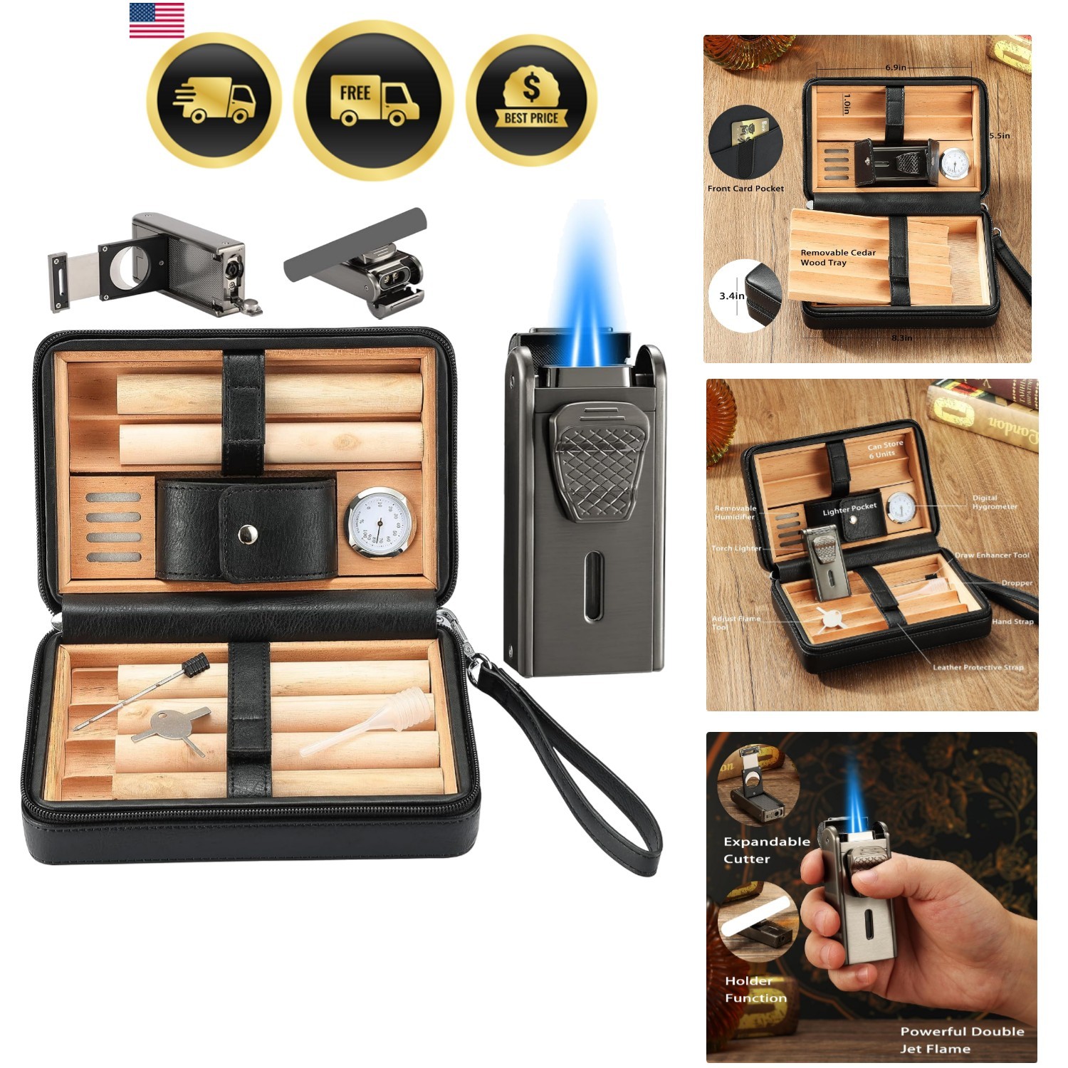 Leather Cedar Wood Case and Double Jet Flame Torch Lighter Set, Holds 6 Units...