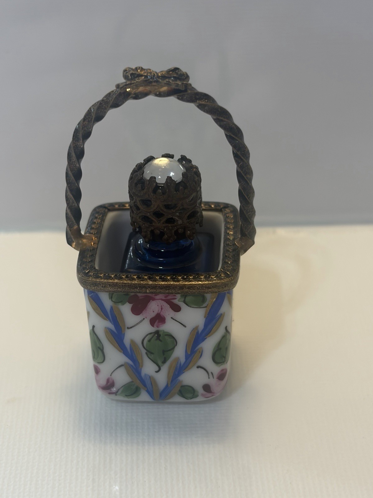 New Peint Main Limoges Basket with Blue French Bottle New Peint Main Limoges Basket with Blue French Bottle