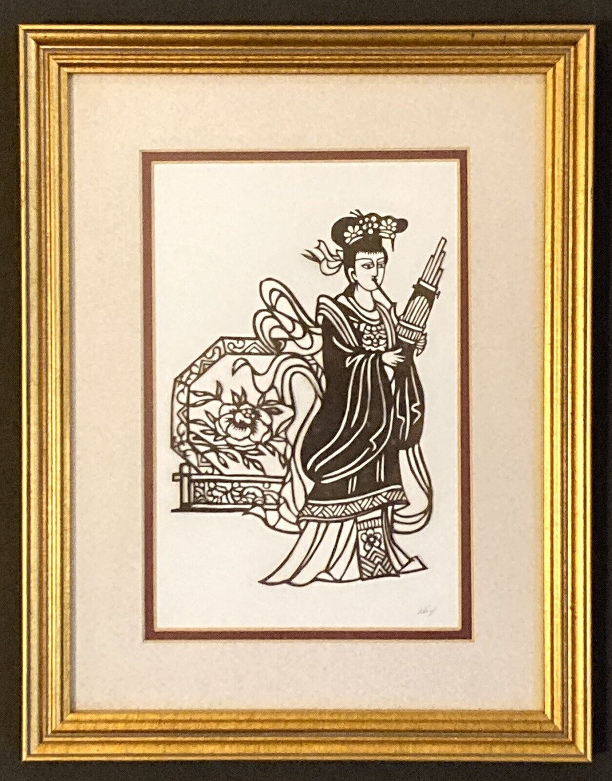 Silhouette Japanese Hand Cut Geisha Playing Instrument Matted Framed Signed