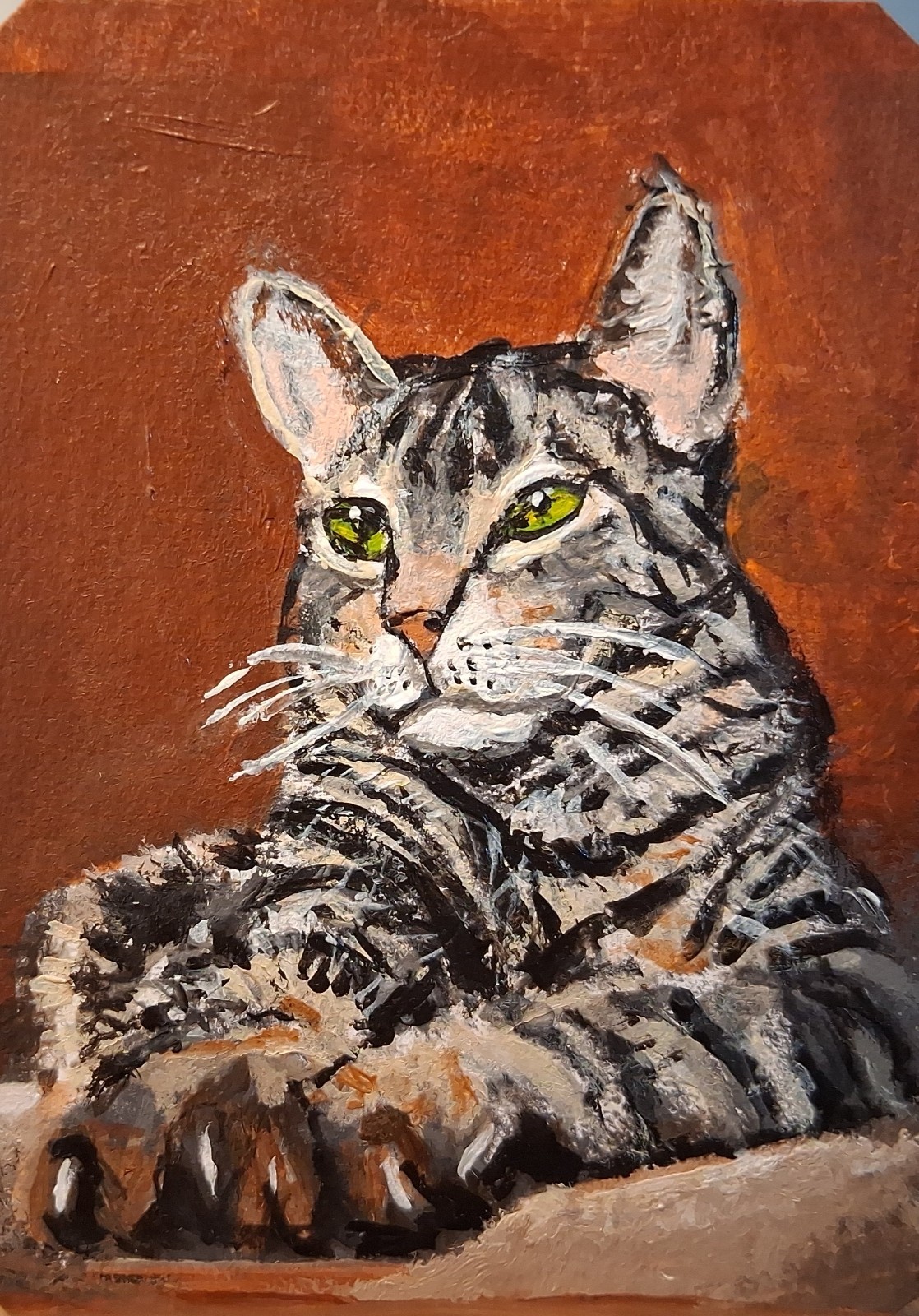 Original  ACEO  Acrylic Painting Tabby Cat Sitting Claws Out Like Sphinx of Giza