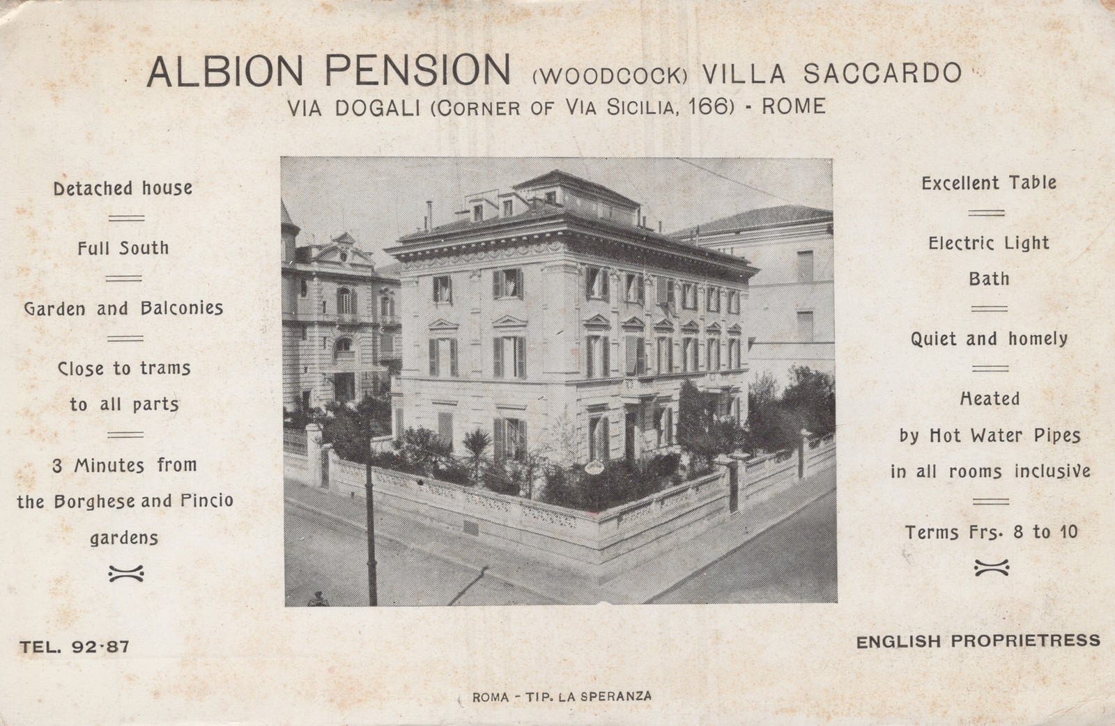 Albion Pension Rome Italy Advertising Postcard c1910 Villa Saccardo Unused