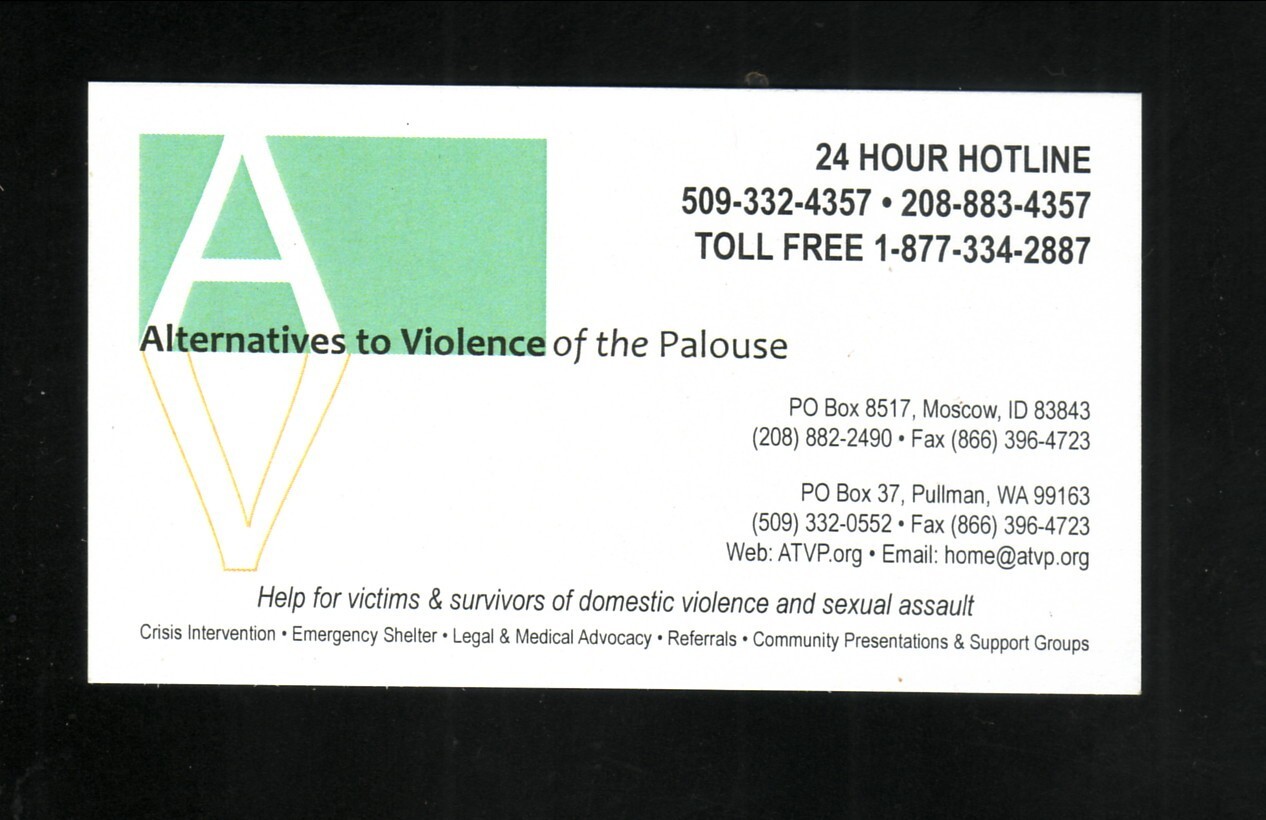 Aternatives to Violence of the Palouse--Business Card--Moscow, ID/Pullman, Wa