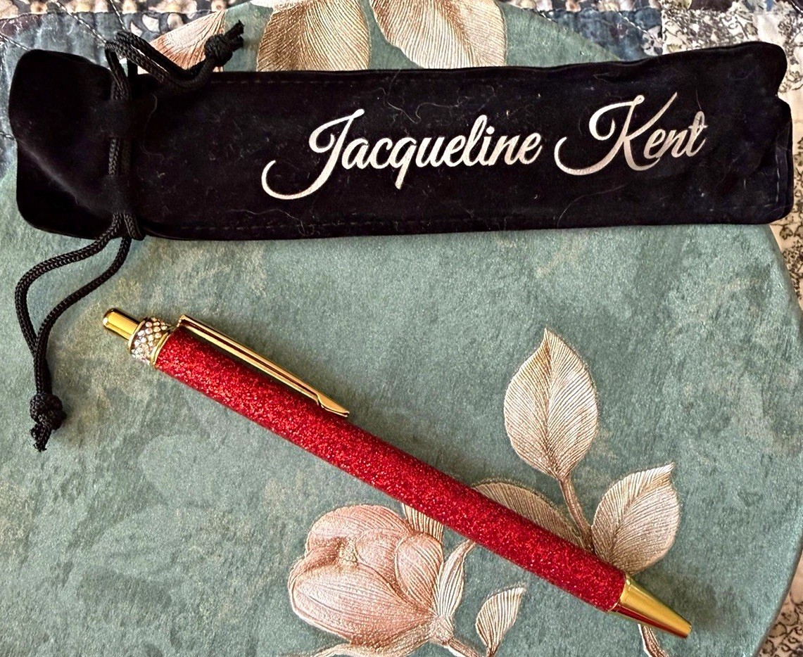 Jacqueline Kent Red Glitter Ballpoint Pen Black Ink Gold w/ Pouch