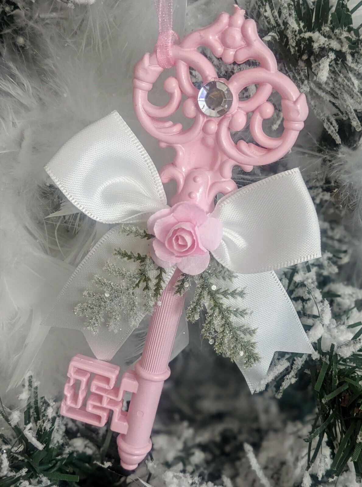 Shabby Victorian Chic Antique Style Key Christmas Ornament Pink Roses Bow 