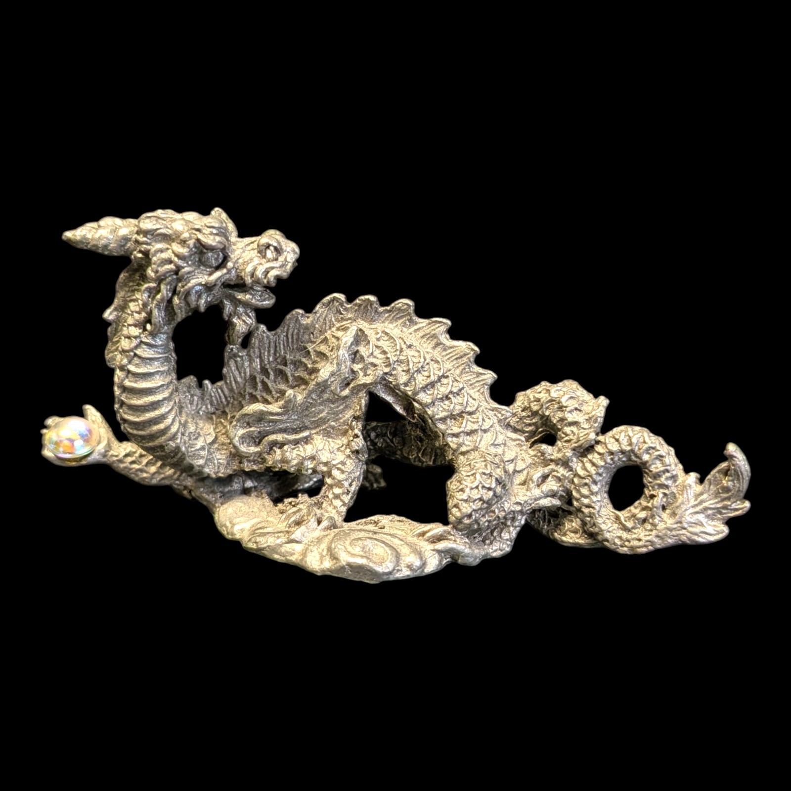 Vintage 1991 Pewter Serpentine Dragon with Glass Orb
