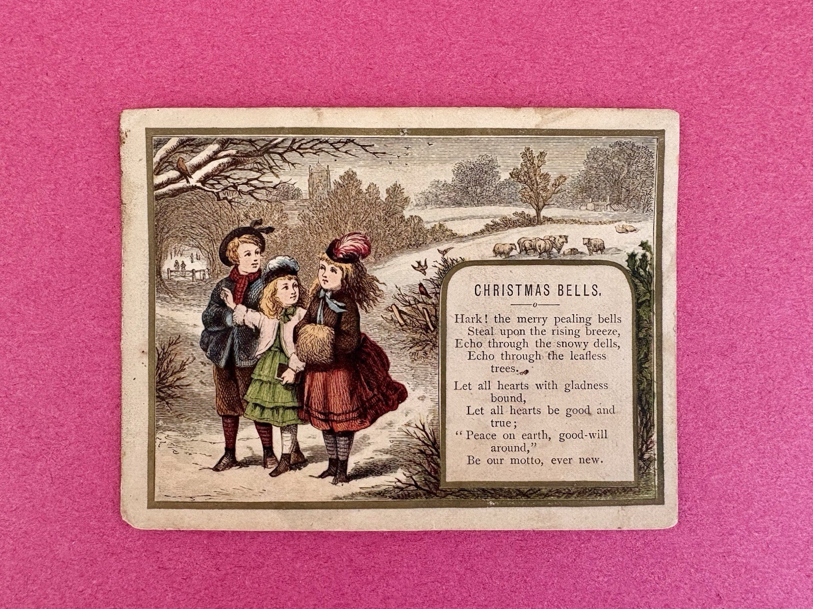Antique Victorian Christmas Card c.1880s Chromolithograph Children Winter Poem⁠