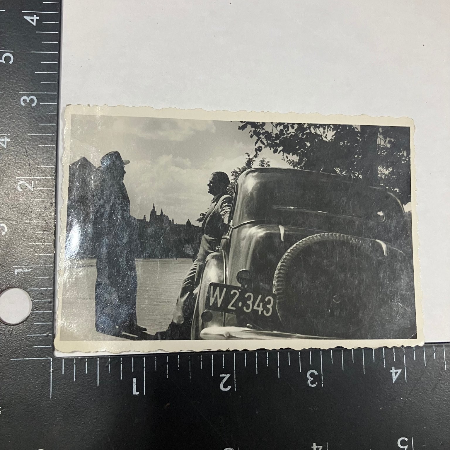 Vintage 1939 Black & White Photo Men by Car with W 2-343 License Vintage 1939 Black & White Photo Men by Car with W 2-343 License