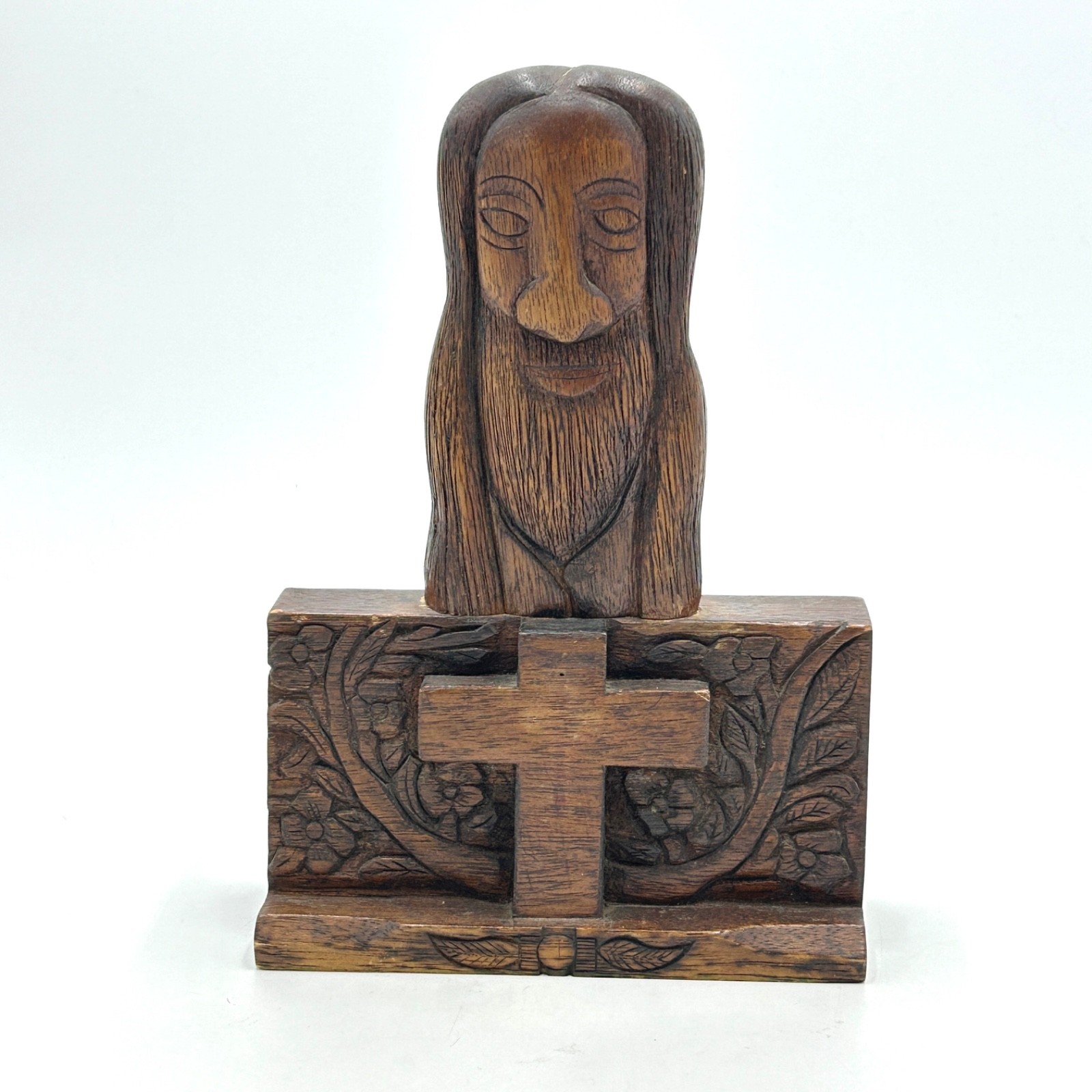 Vint Military Souvenir Folk Art Hand Carved Jesus w/Cross Sculpture 1960