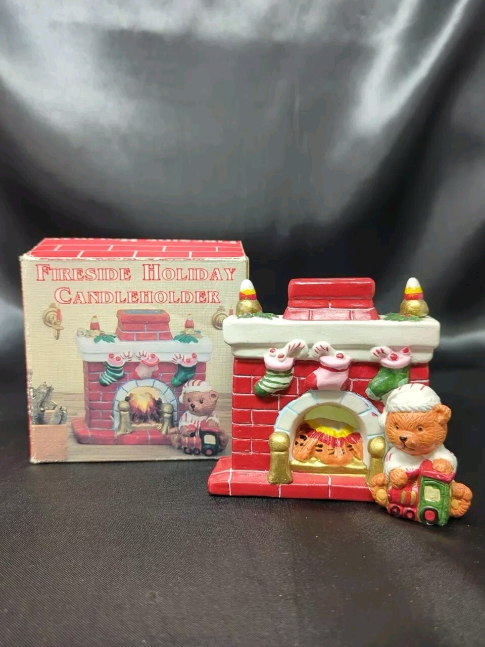 Vintage Christmas Fireside Holiday Candleholder Teddy Bear Votive Candle Holder