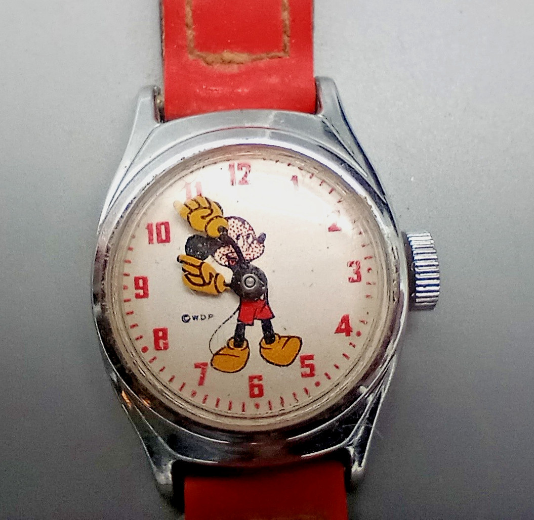 1965 Mickey Mouse Watch US Time Disney RARE Measle Dial leather band Works 1965 Mickey Mouse Watch US Time Disney RARE Measle Dial leather band Works