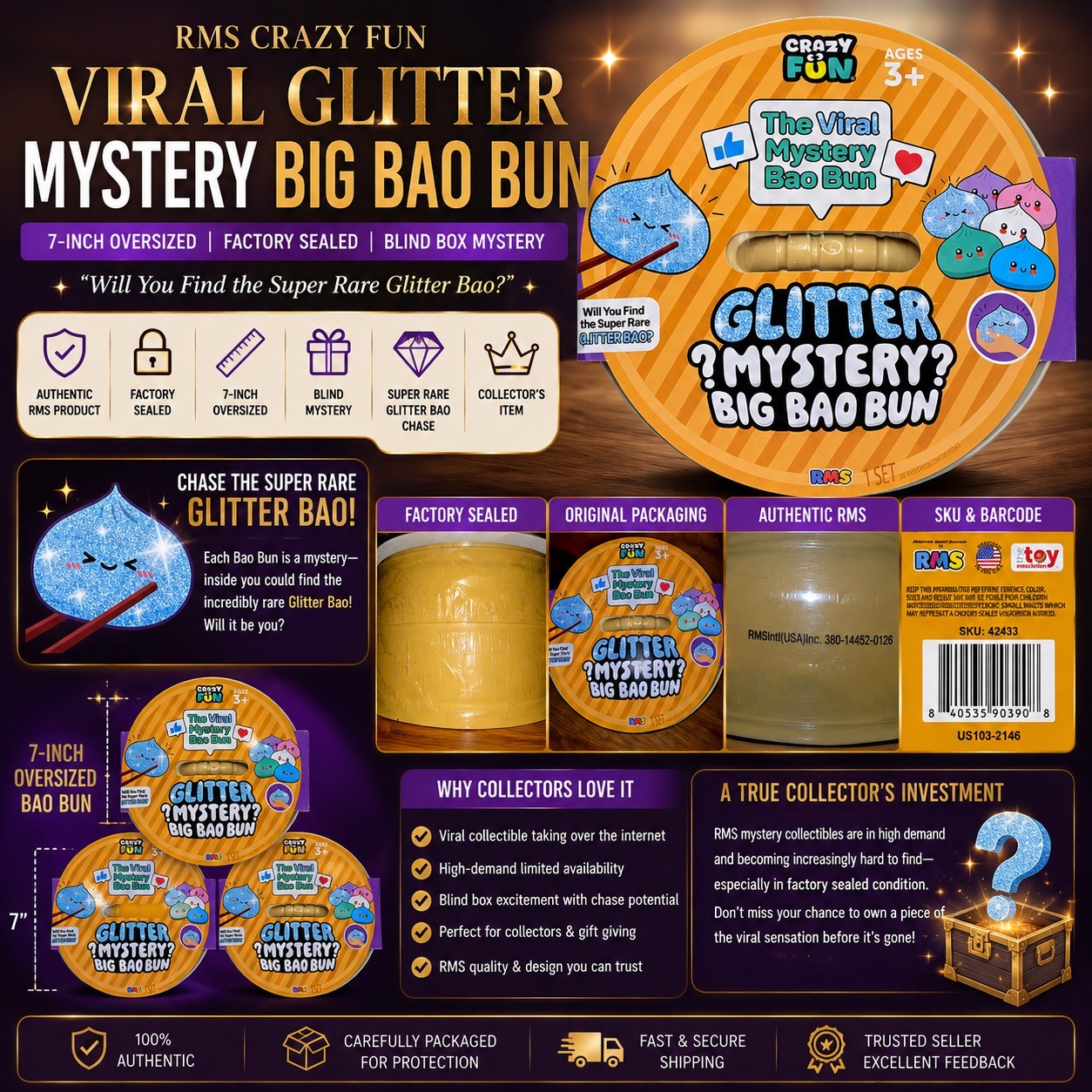 RMS 7 Inch Jumno Big Bao Bun  GLITTER MYSTERY DUMPLING. FACTORY SEALED RARE 