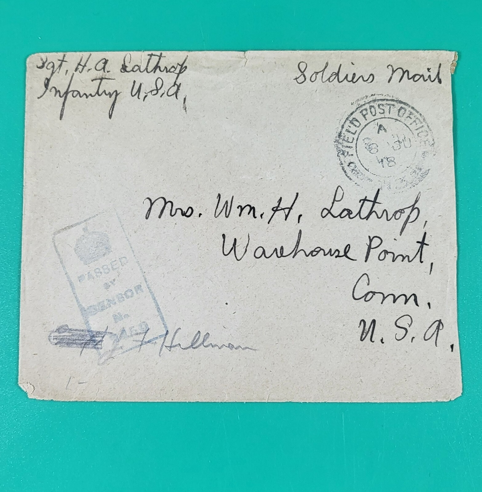 WWI Field Post Cover Envelope Censor Stamps Warehouse Point CT