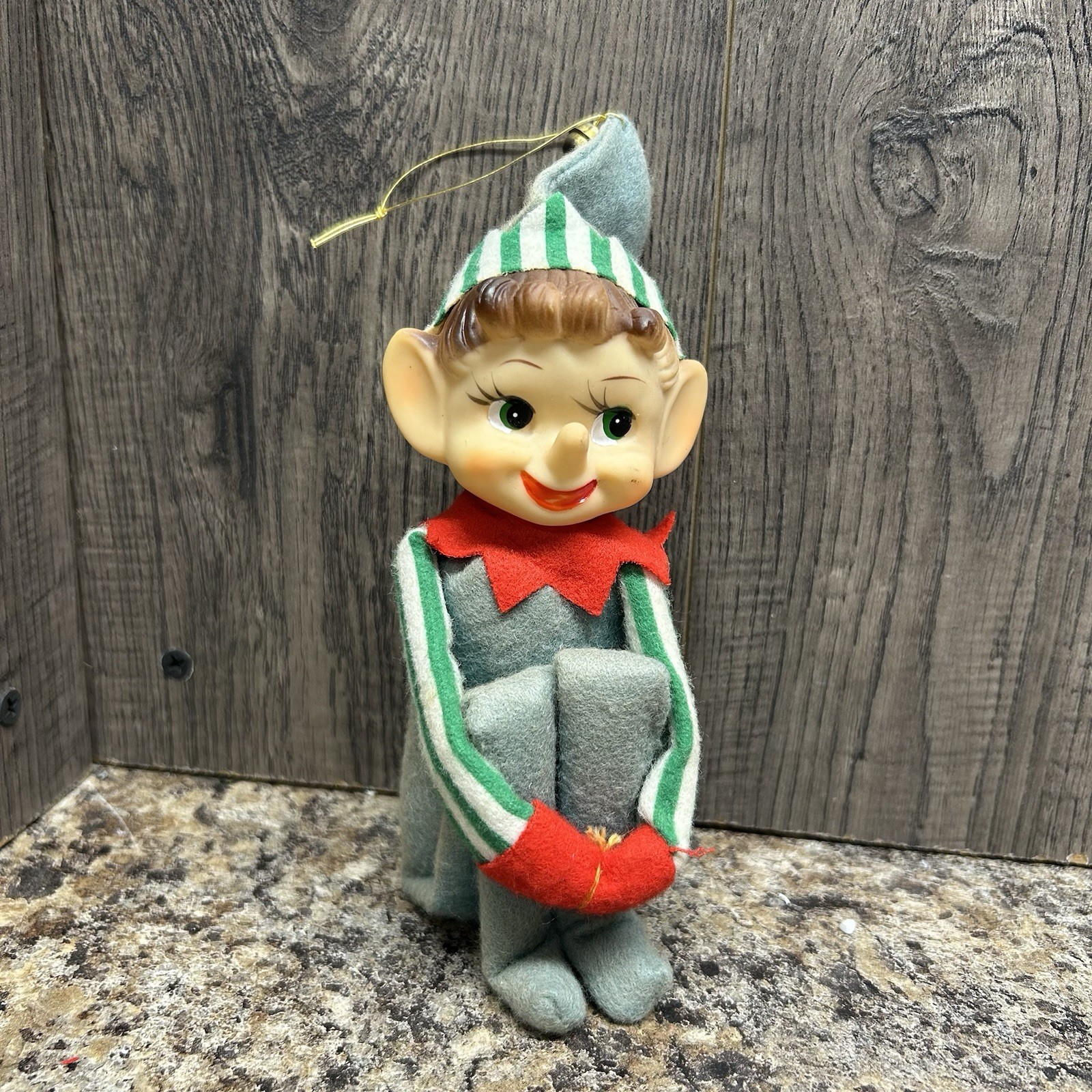 VINTAGE JAPANESE KNEE-HUGGER ELF PIXIE ORNAMENT RUBBER FACE GREEN OUTFIT