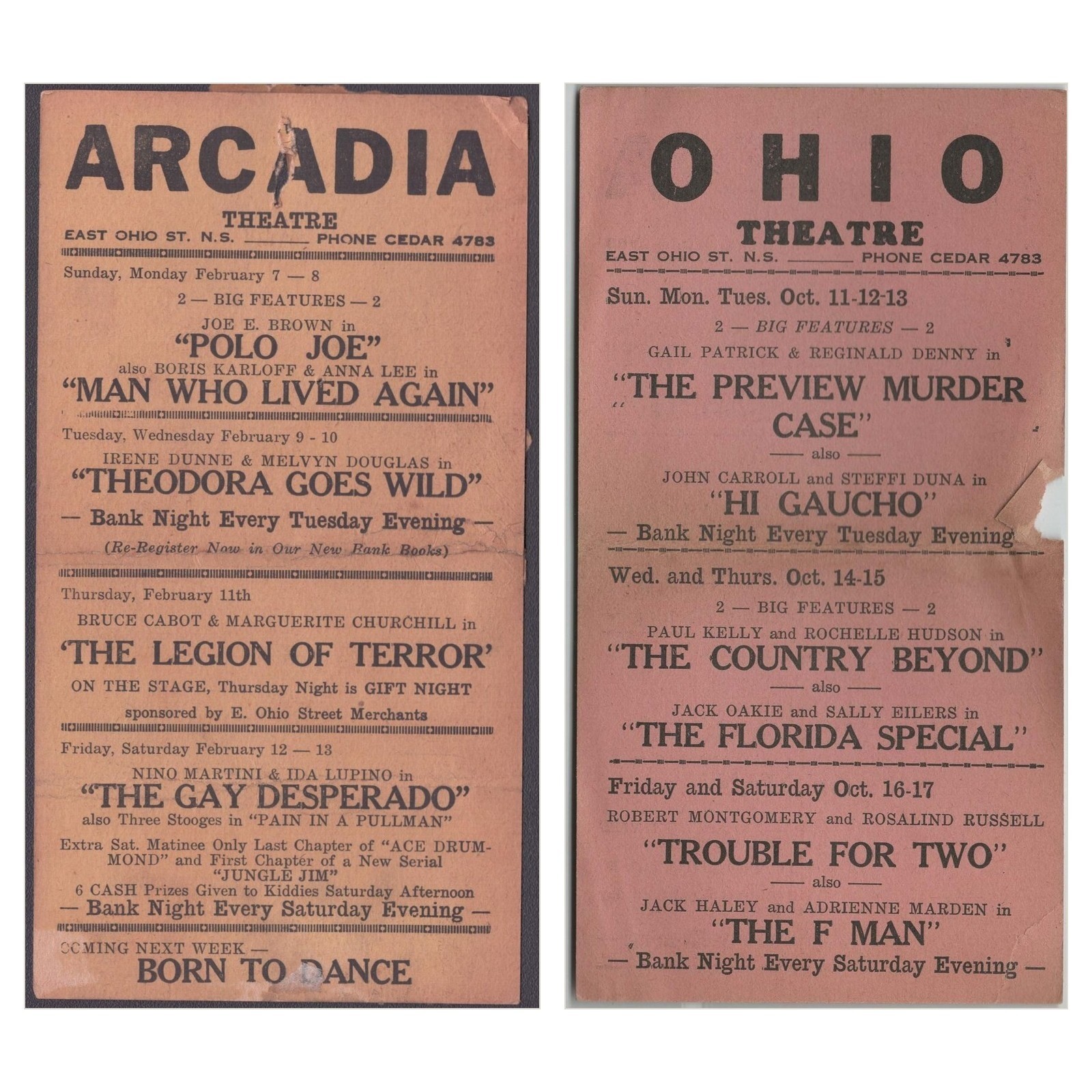1936 1937 Arcadia Ohio Theatre Movie Program Cards East Ohio St Karloff Harlow