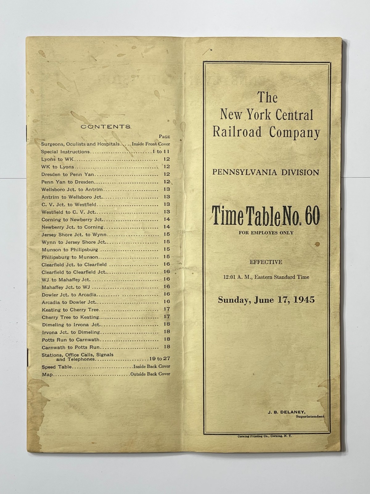 Vintage New York Central RR Co. Pennsylvania Division Time Table No.60 ( 1945 )