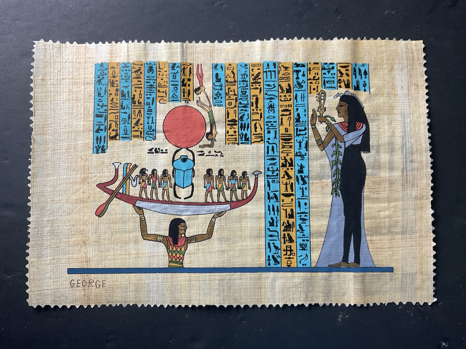 Vintage Egyptian Papyrus Painting Nun Raising up Khepri in His Rising 8x12” Vintage Egyptian Papyrus Painting Nun Raising up Khepri in His Rising 8x12”