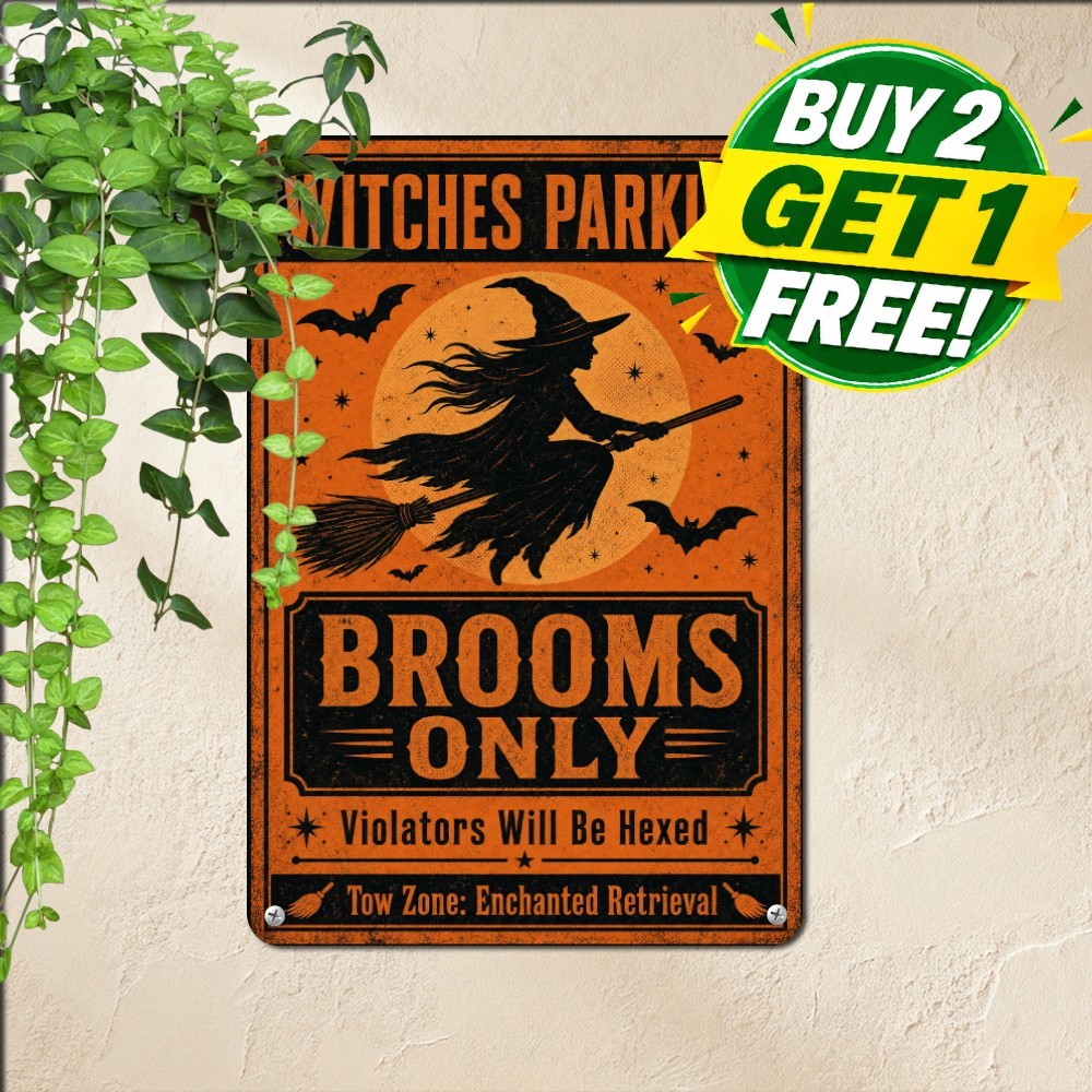 Witch Broom Parking Only Sign Spooky Halloween Porch Decor Metal Tin Plaque