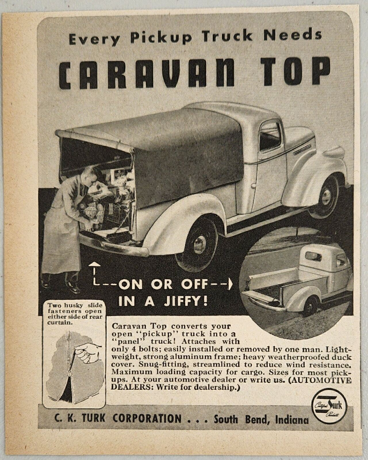 1947 Print Ad Caravan Top Pickup Trucks Aluminum Frame Turk Corp South Bend,IN