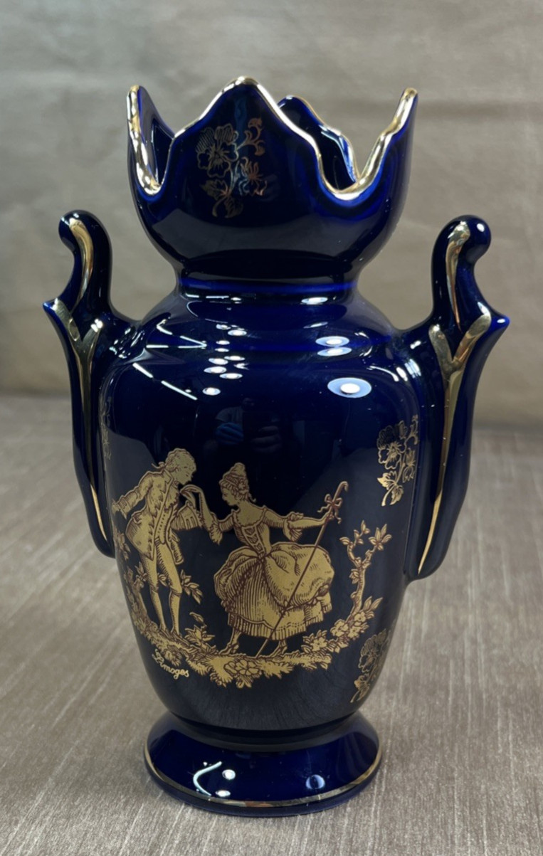 Limoges Castel Vase Cobalt Blue Hand Embellished w/ 22K Gold Trim Courting Scene Limoges Castel Vase Cobalt Blue Hand Embellished w/ 22K Gold Trim Courting Scene
