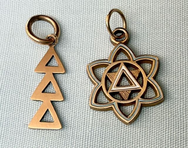 2 Vintage 1940s-50s Tri Delta Delta Delta Sorority Charm Gold Triangles, Star