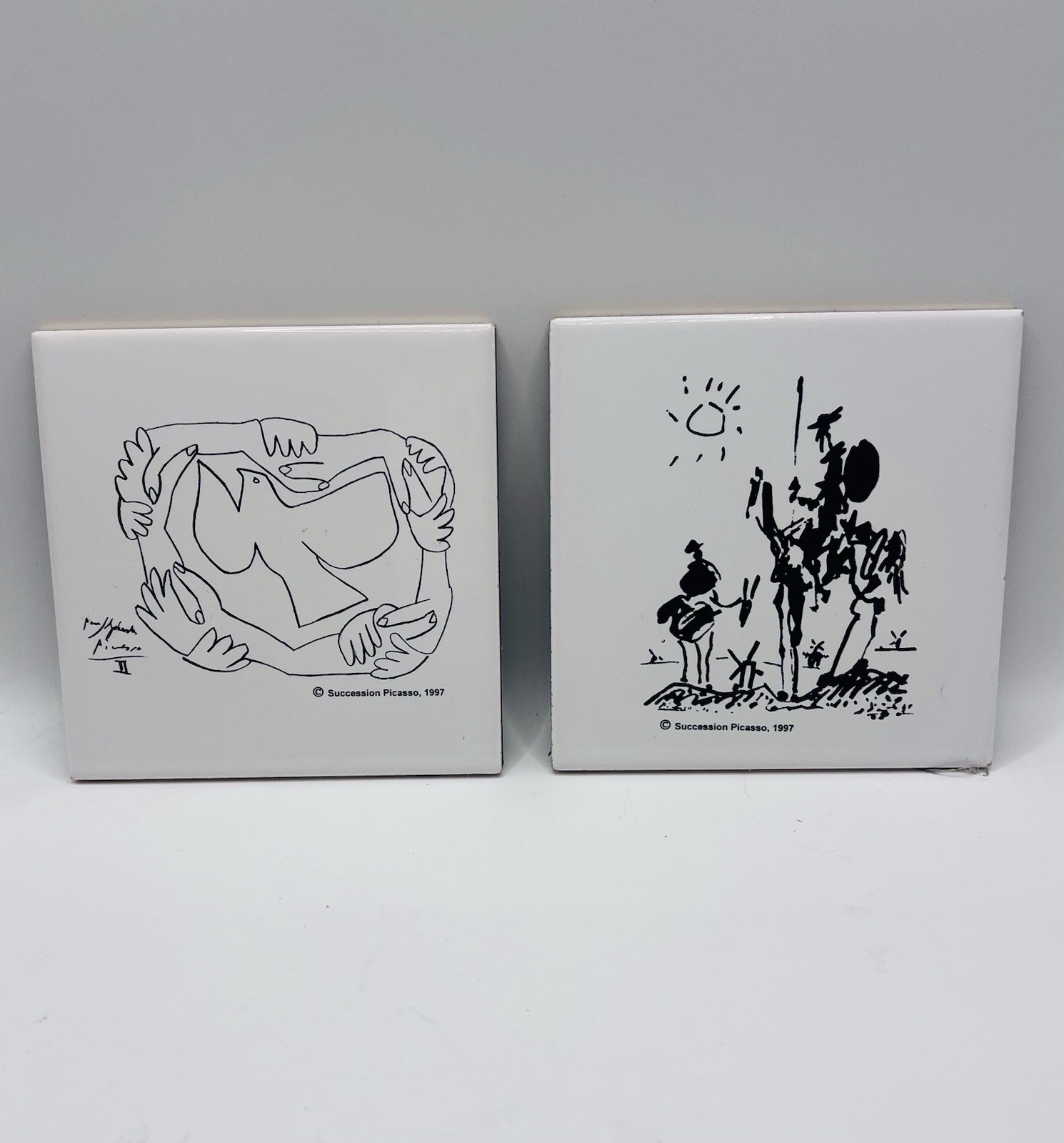 Set of 2 Picasso Succession Ceramic Tile Coasters 1997 Don Quixote Hands w/ Dove