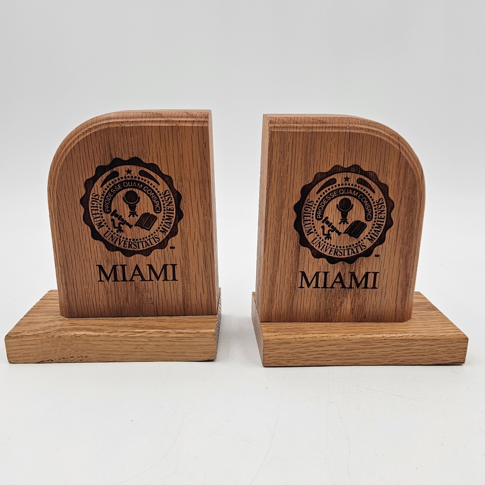 Vtg Bookends Miami University Wood Oak Academia Laser Creations