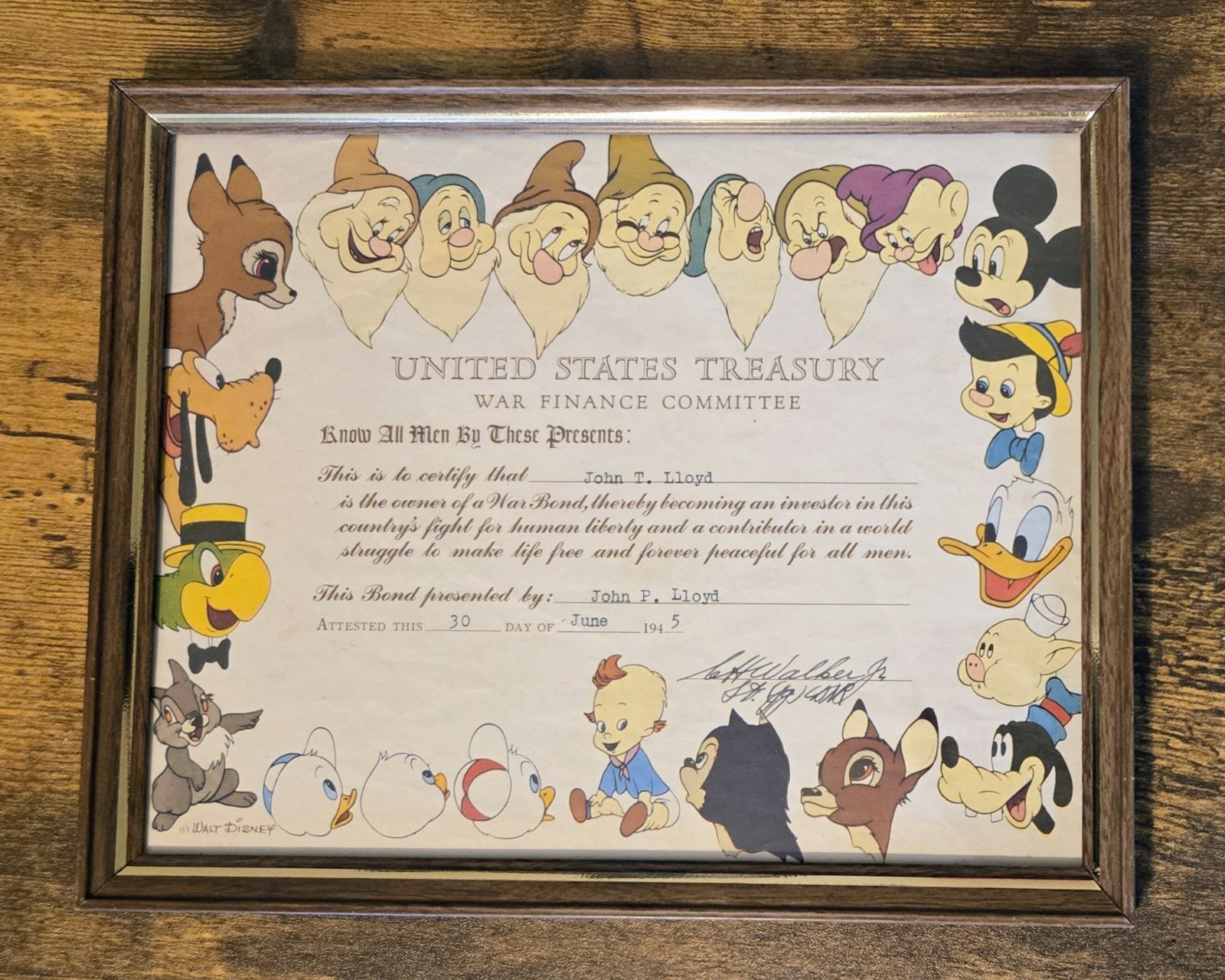 ORIGINAL 1945 WALT DISNEY WWII WAR BOND U.S. TREASURY CERTIFICATE MICKEY ORIGINAL 1945 WALT DISNEY WWII WAR BOND U.S. TREASURY CERTIFICATE MICKEY