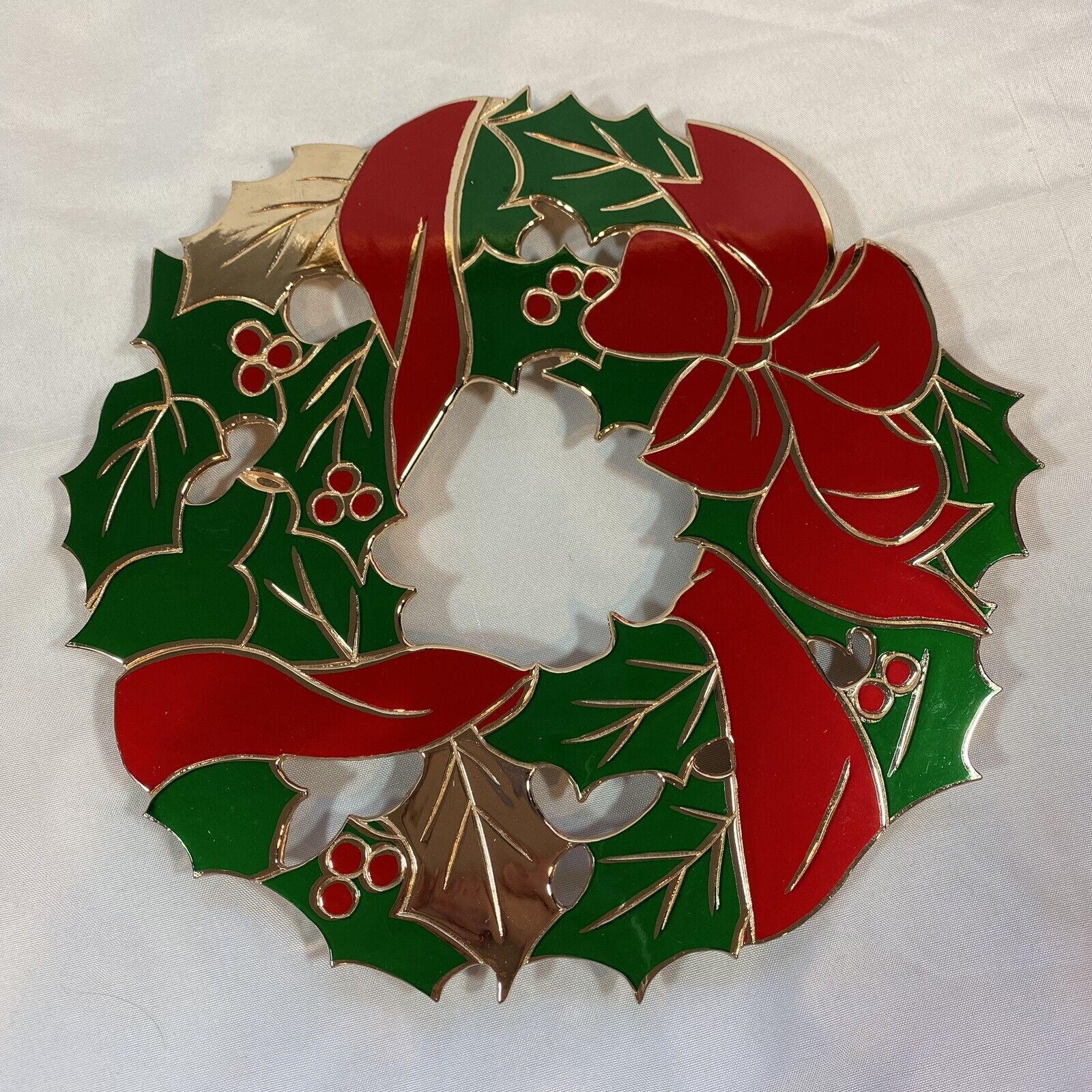 Vintage Christmas Wreath Footed Trivet Gold Tone Red Ribbon Holly RH Macy & Co