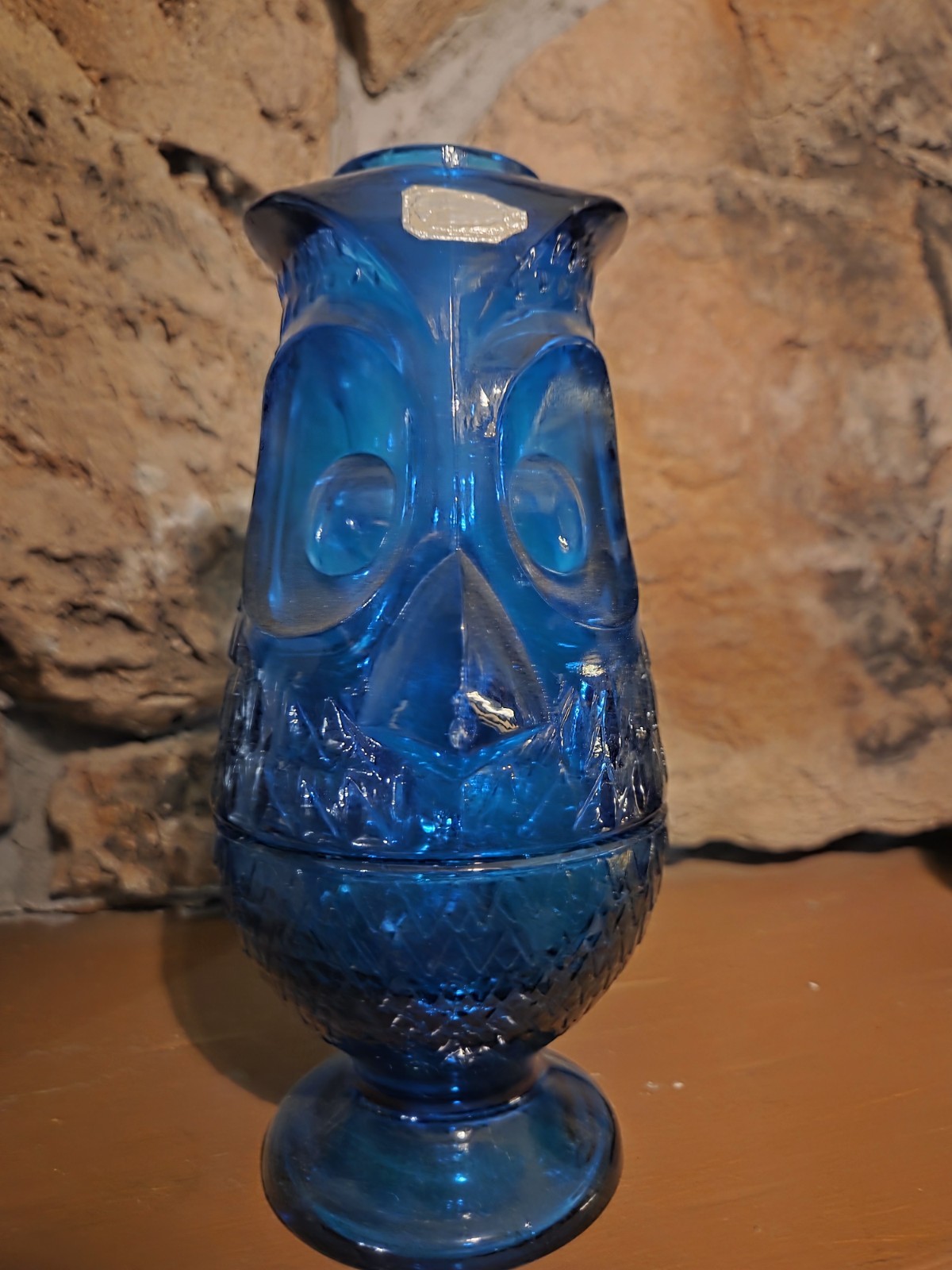 Vtg MCM Viking Owl Fairy Glass Lamp Bluenique Glimmer Tea Candle Blue Nose Chipy