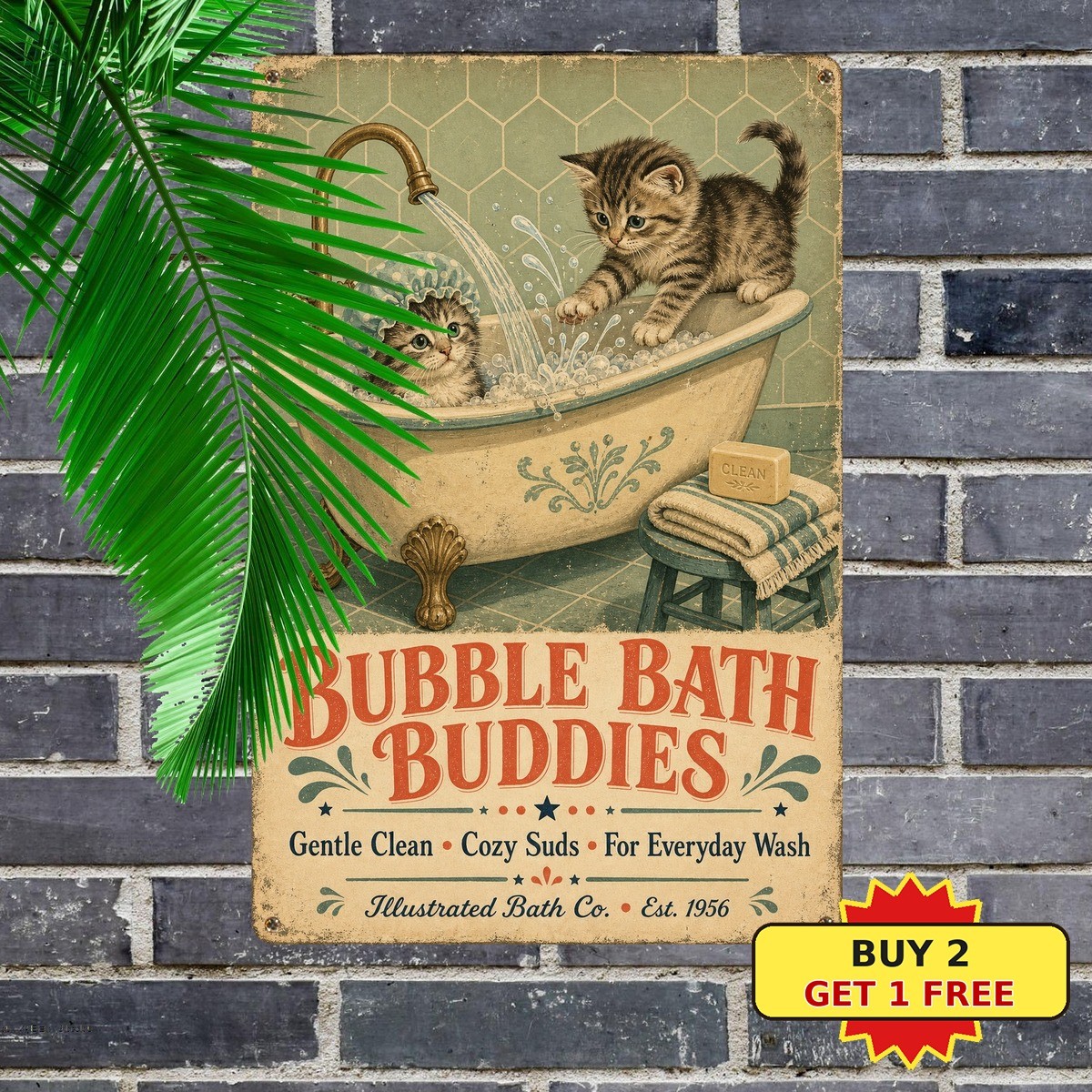 Kitten in Bathtub Metal Sign Vintage Cat Bathroom Wall Art Plaque