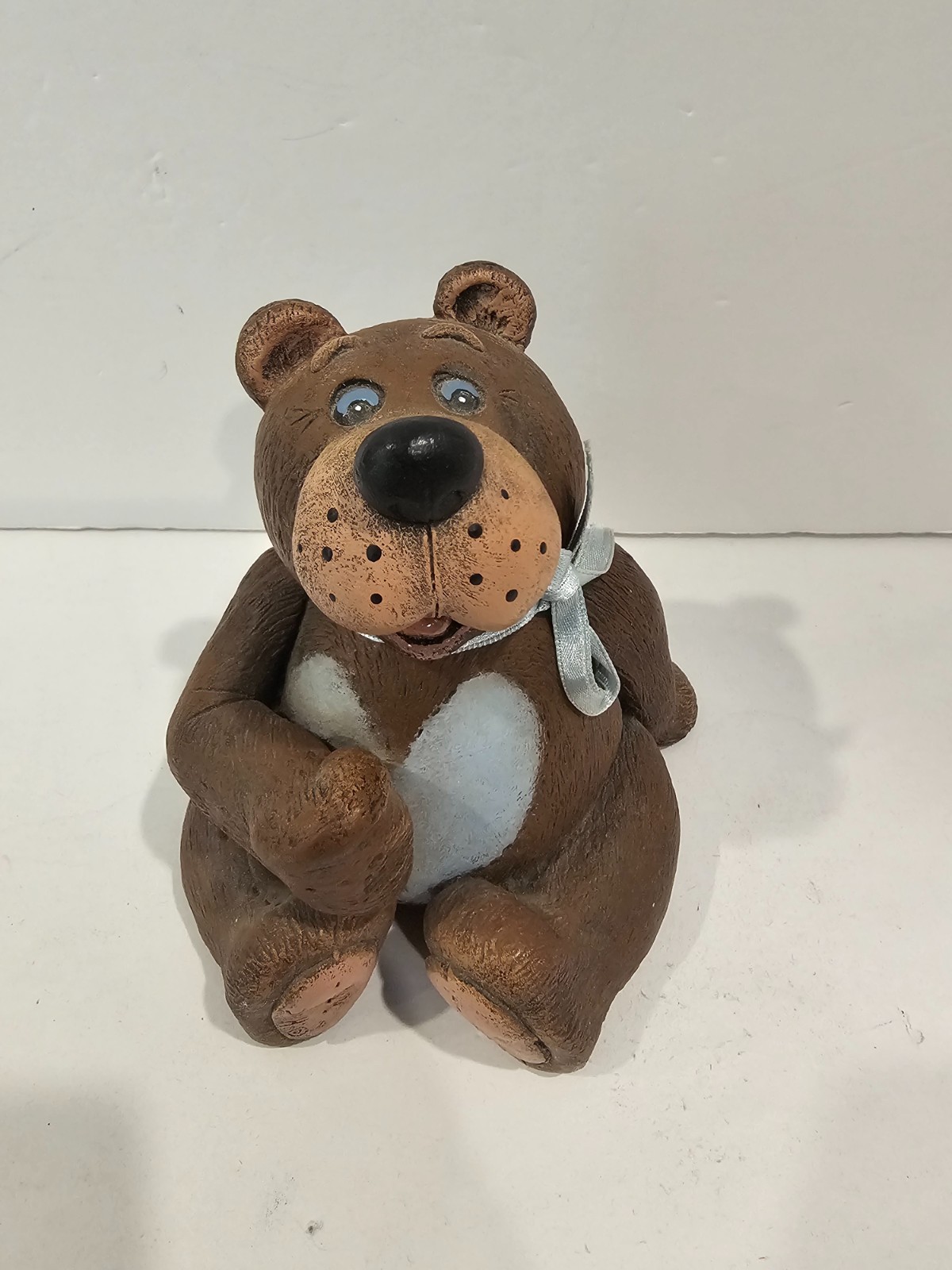 Vintage Whimsical Blue Heart Ceramic Sitting Bear Figurine 
