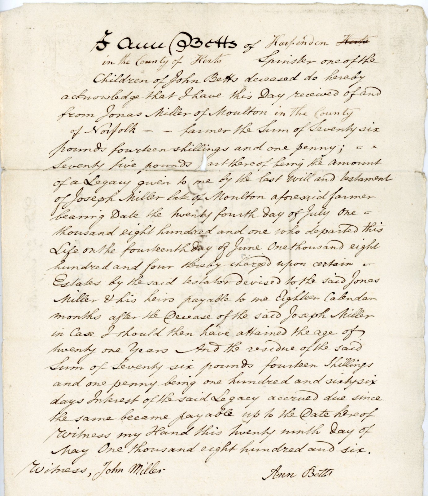 1806 Antique Interest Payment Joseph Miller Estate Norfolk UK Signed Ann Betts