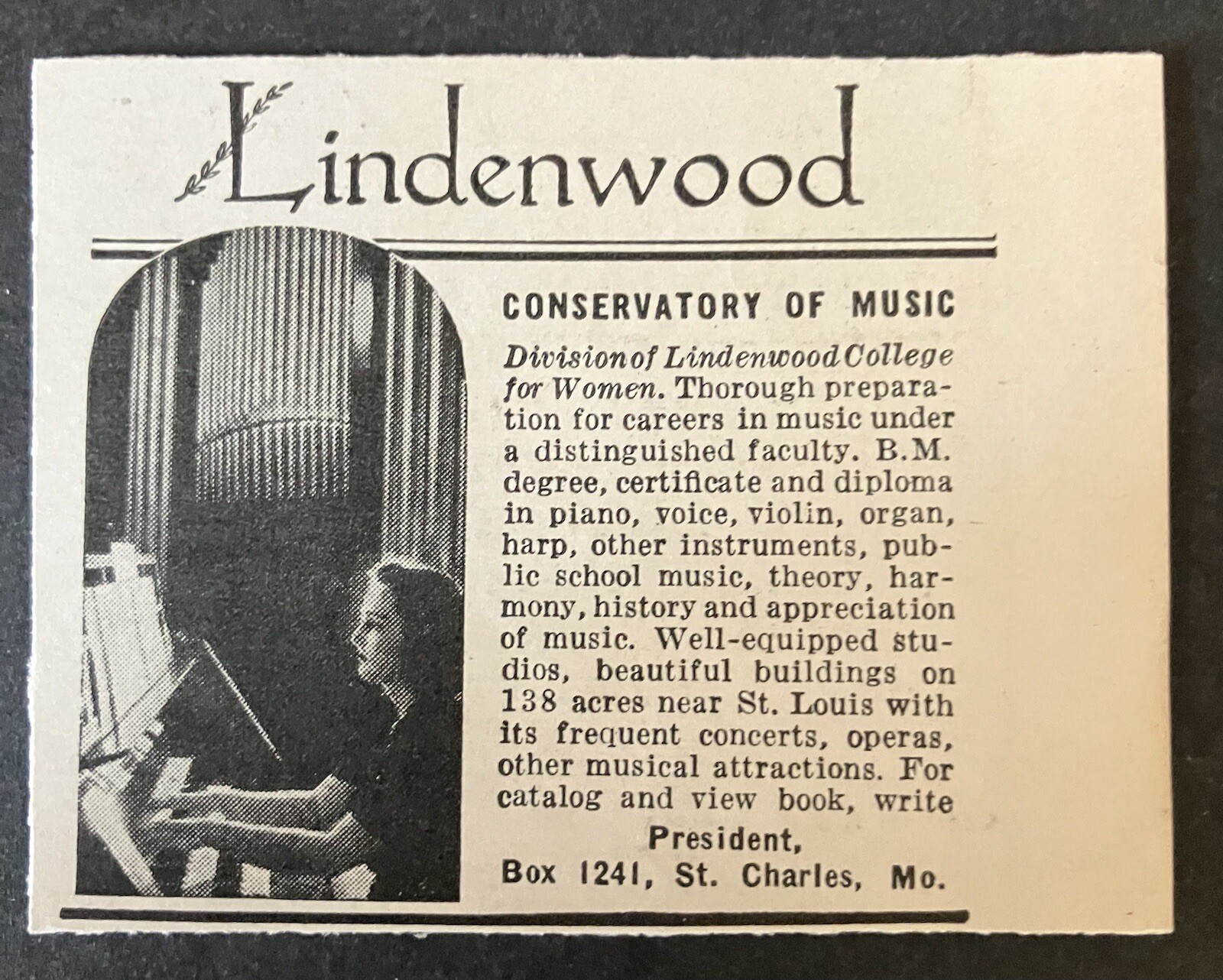 1941 Lindenwood Conservatory of Music St. Charles MO Mini B&W Vintage Print Ad