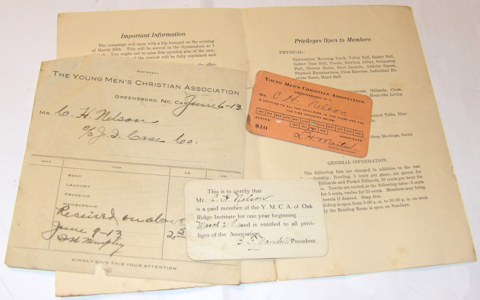 VINTAGE 1910s YMCA MEMBERSHIP CARDS/RECEIPT/FUND RAISING BROCHURE GREENSBORO,NC