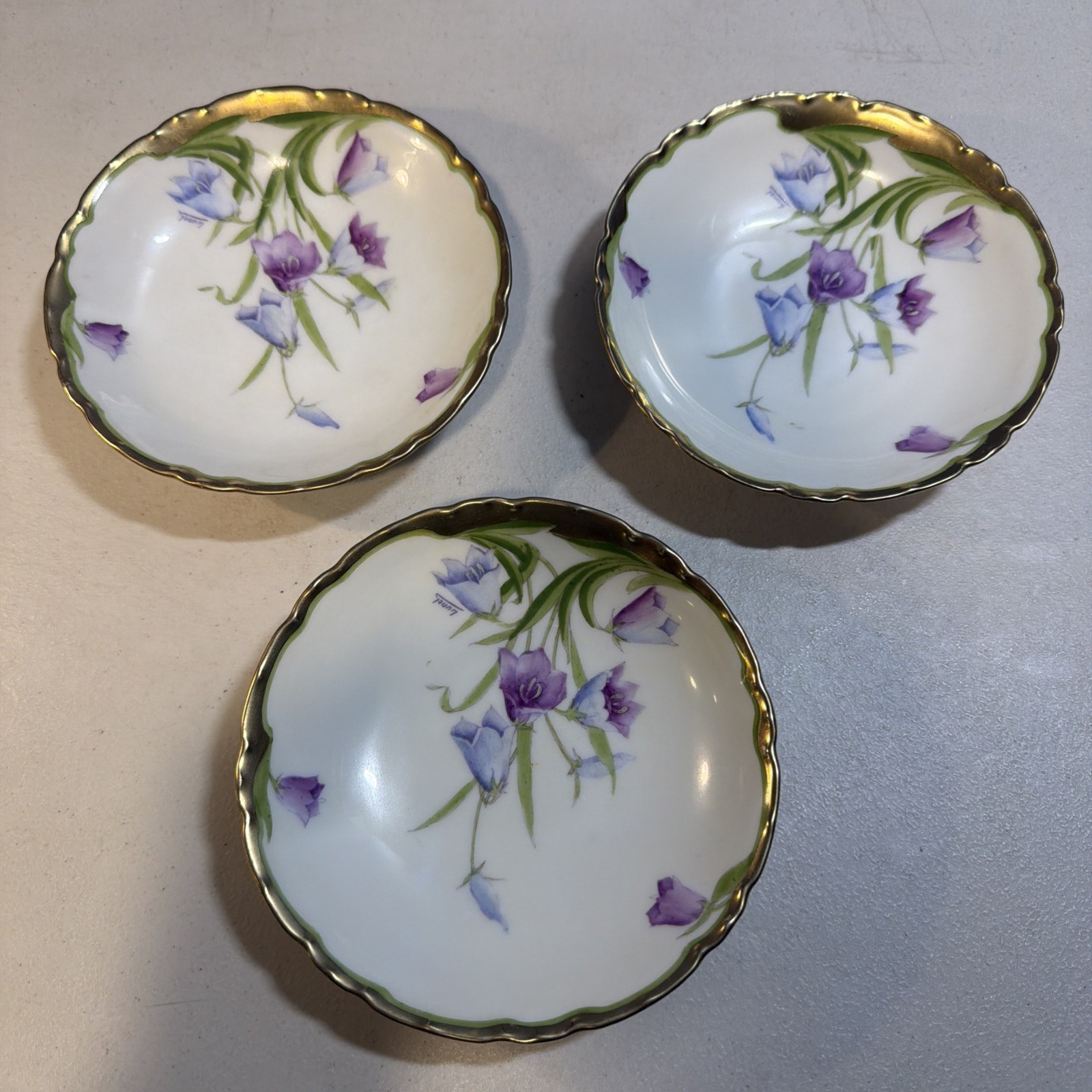 Antique PT Bavaria Tirschenreuth Hand Painted Floral Bowls Set of 3 Signed Lunel