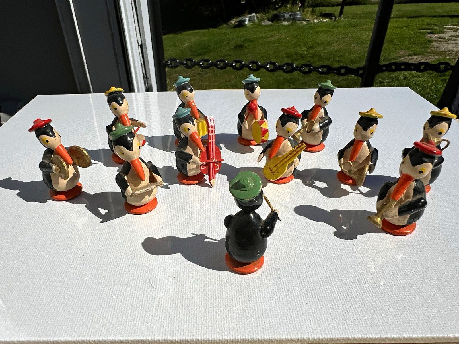 VTG 12 Mini Penguin Band Wooden Hand Painted
