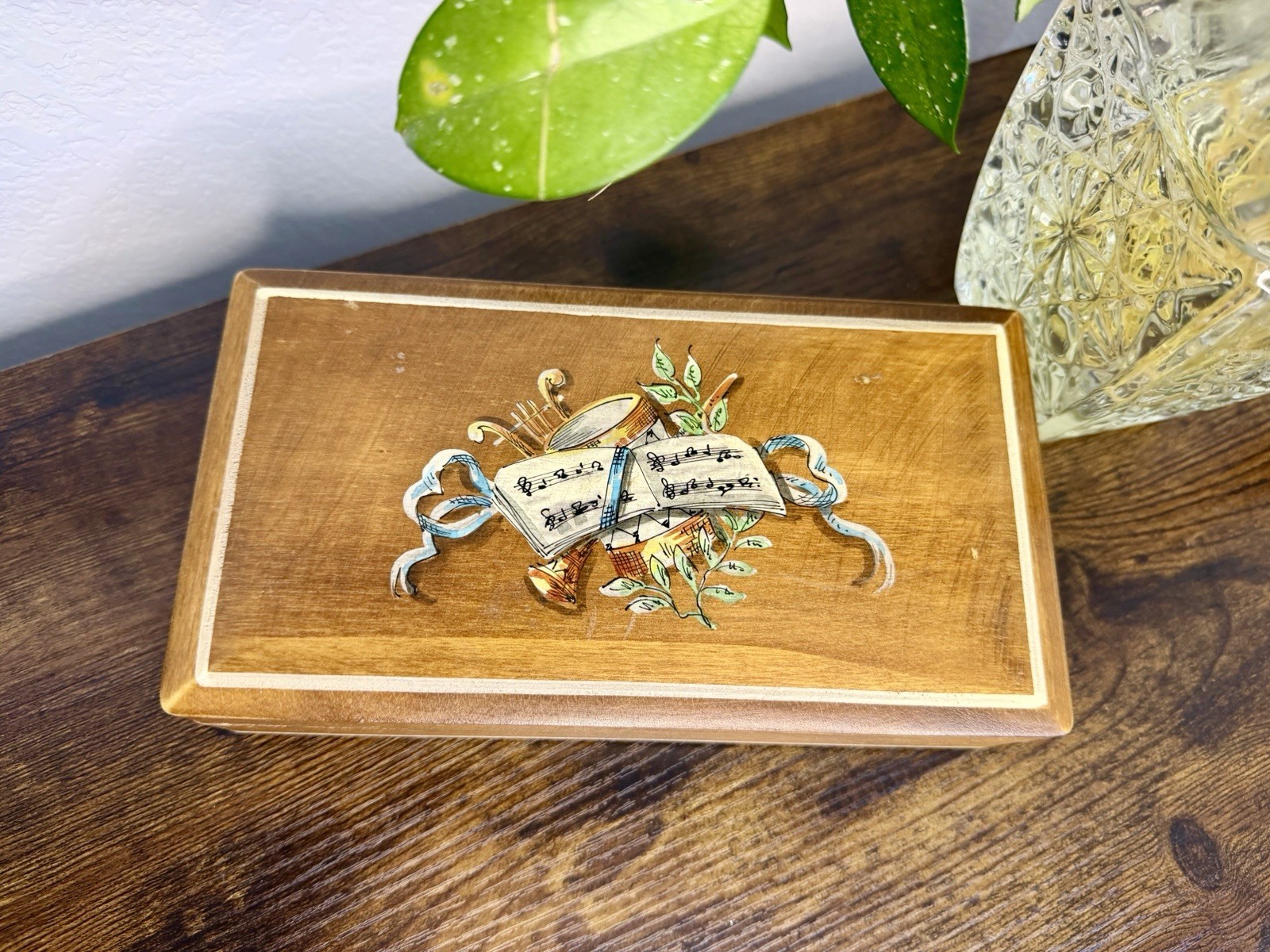 Vintage Italian Wooden Music Box Hand Classical  Instruments Brass Feet Ribbon