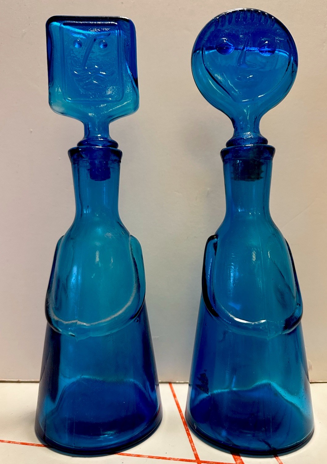 Pair Erik Hoglund Blue Glass “people” Decanters MCM 1960’s