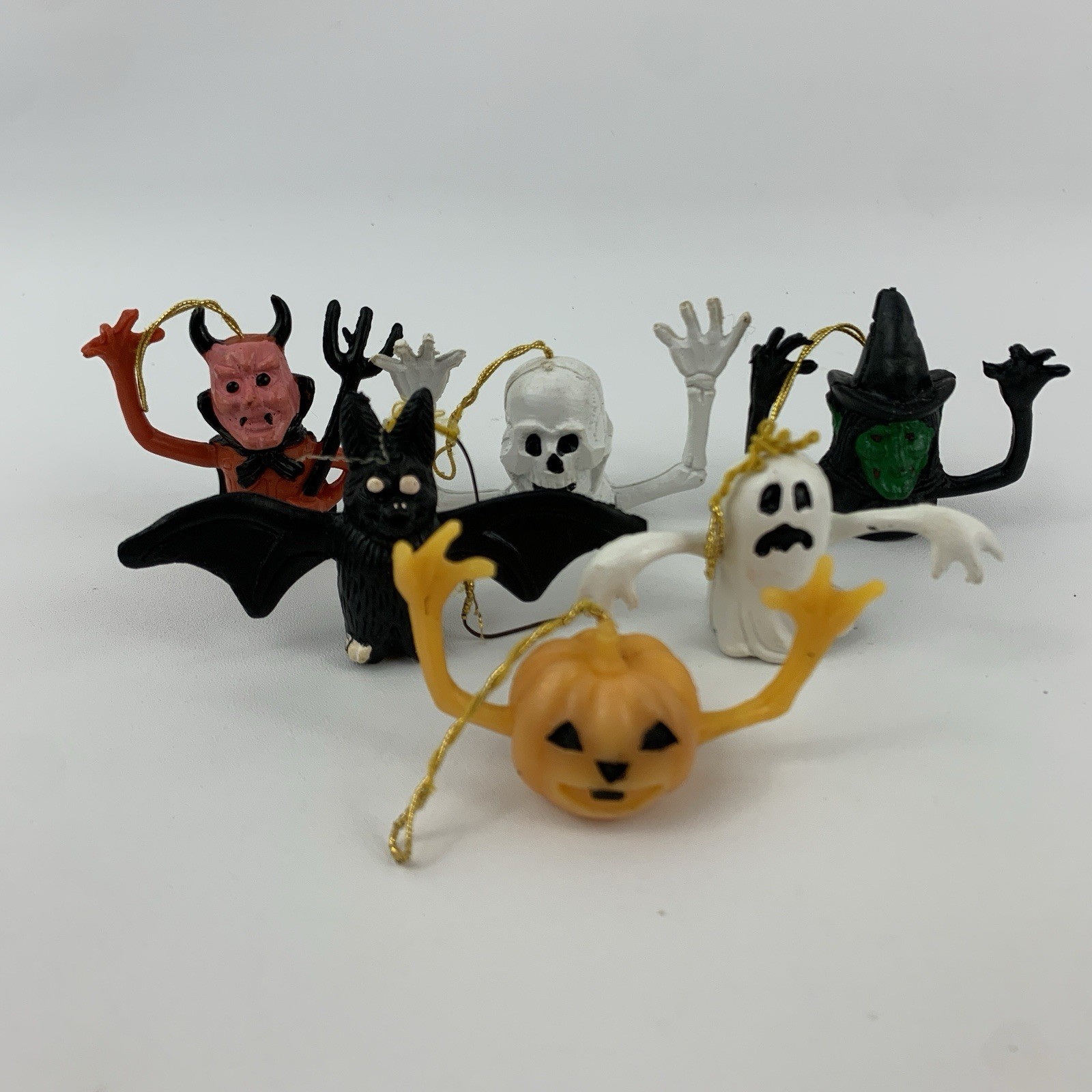 Vintage Halloween Finger Puppets Skeleton Witch Pumpkin Devil Bat Ghost Set of 6