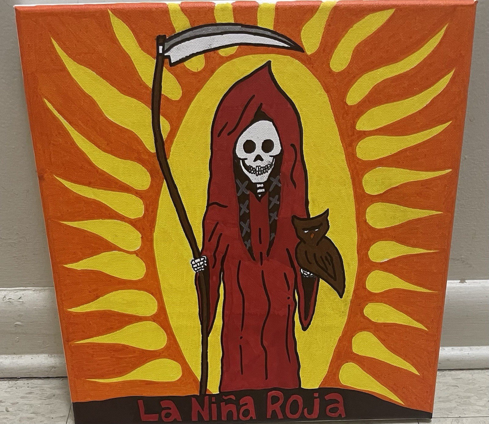 Beautiful La Nina Roja La Santa Muerte Acrylic Canvas Painting With Prayer