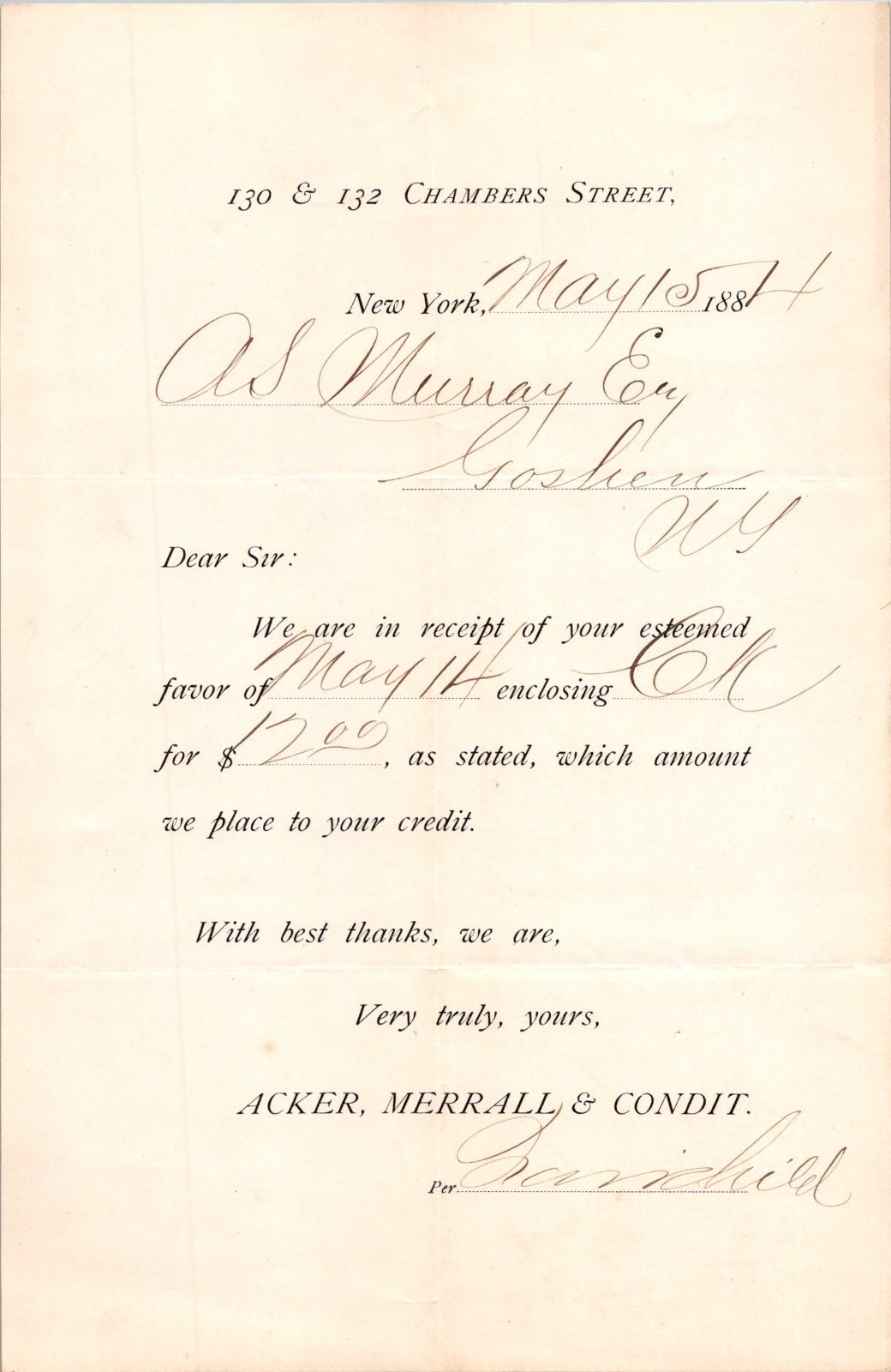 Acker Merrall & Condit 1884 Chambers St NY Antique Letterhead Billhead TC17