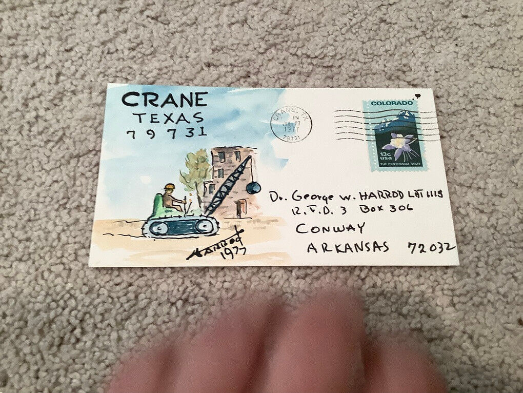 1977 CRANE, Texas: Signed FOLK ART WATERCOLOR Postal Cover GEORGE HARROD