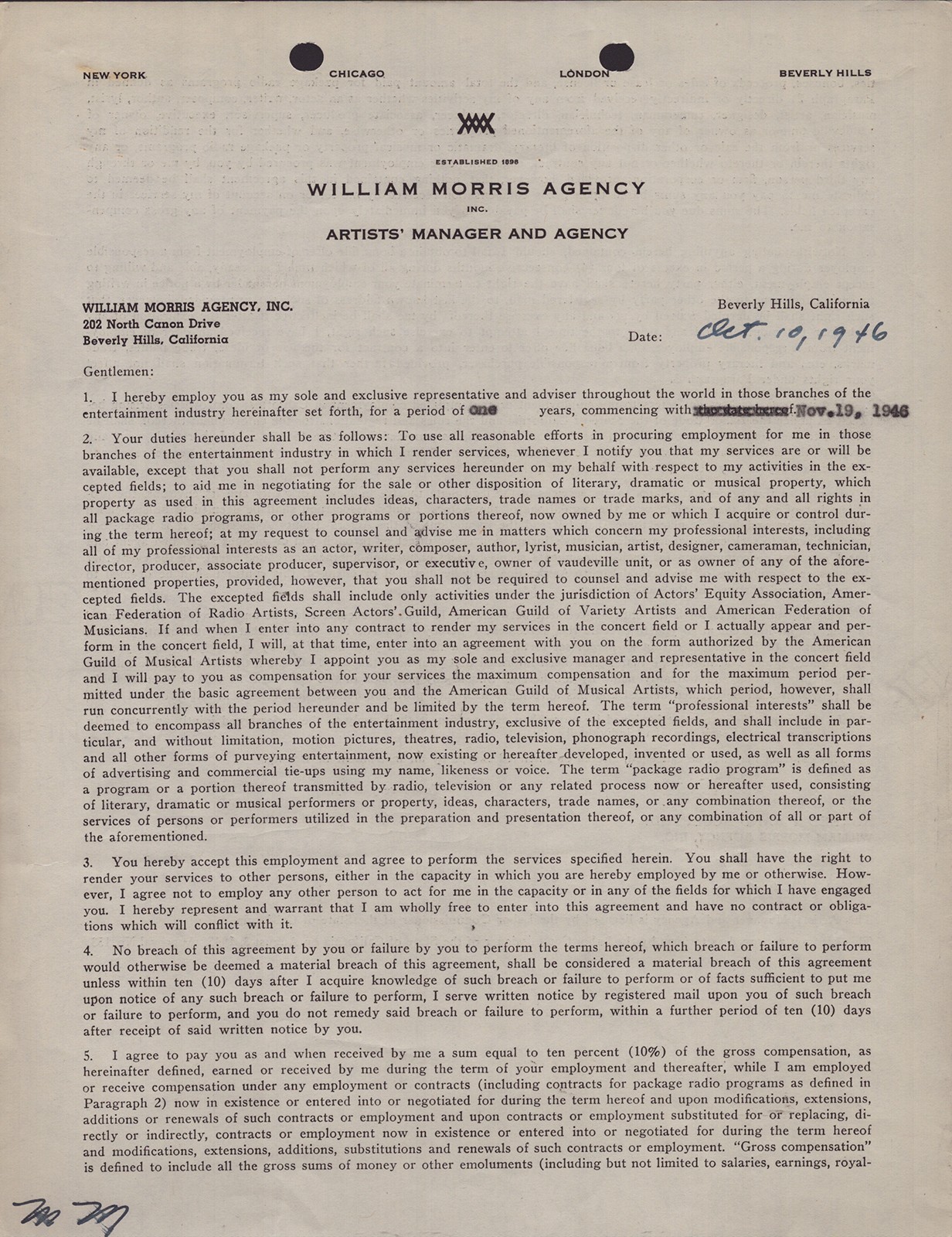 ARTHUR LAKE - DOCUMENT SIGNED 10/10/1946
