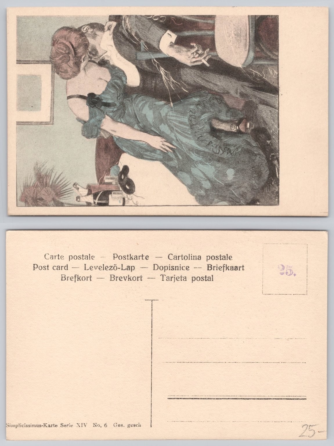 Simplicissimus Art Nouveau Kiss Couple Illustration Postcard Vintage German